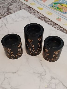 4/$40 Black Wooden Candle Holders With Carved Floral Design - Set Of 3